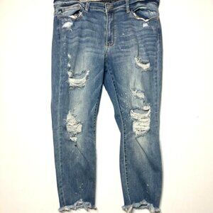 Judy Blues Distressed Ripped Raw Hem Stretch Cropped Blue Jeans Sz 18W